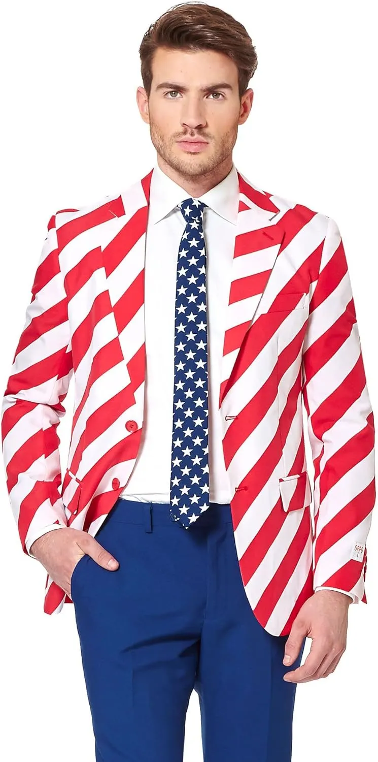 OppoSuits Men American Flag Suit - USA Outfit for the 4th of July with Red White and Blue Jacket, Pants and Tie