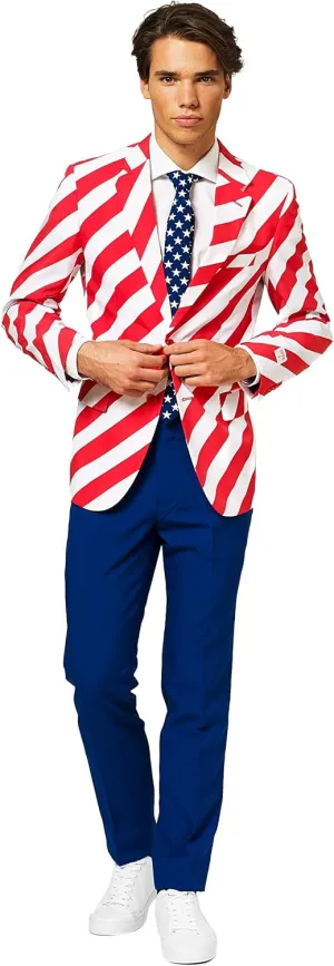 OppoSuits Men American Flag Suit - USA Outfit for the 4th of July with Red White and Blue Jacket, Pants and Tie