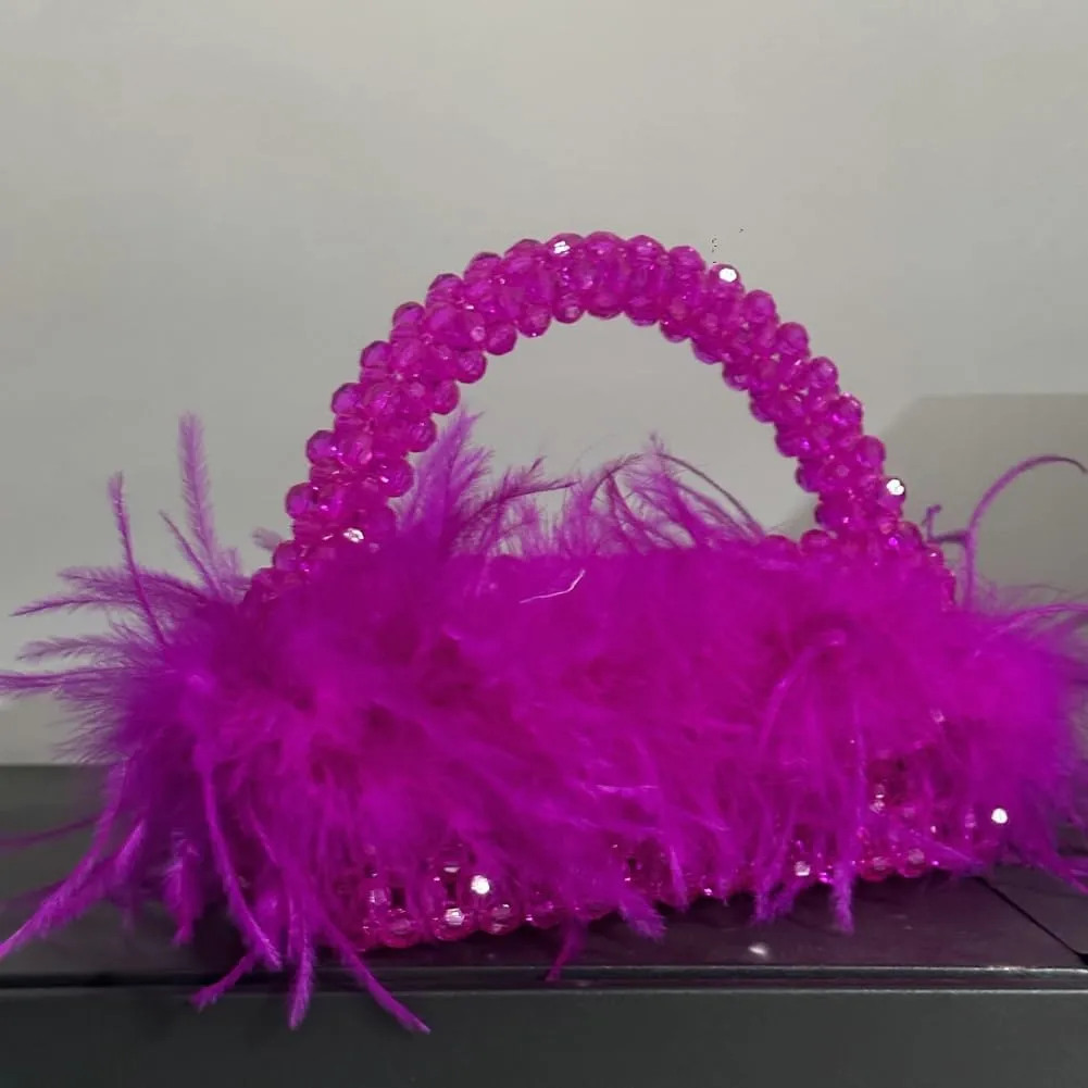 Ostrich Feather Beaded Purse for Women Shiny Evening Clutch Trendy Tote Gorgeous Handbags for Vacation Feast Party Wedding