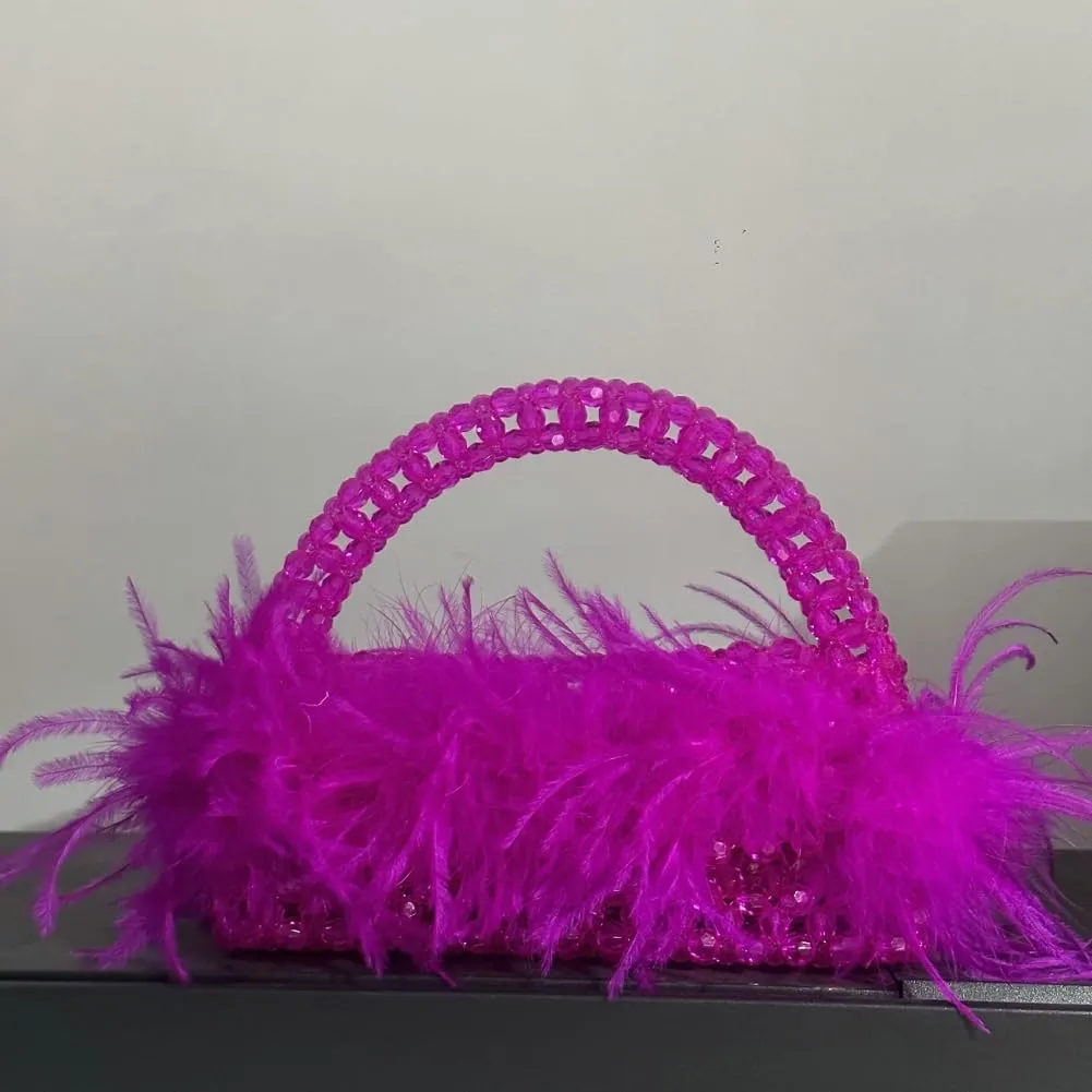 Ostrich Feather Beaded Purse for Women Shiny Evening Clutch Trendy Tote Gorgeous Handbags for Vacation Feast Party Wedding