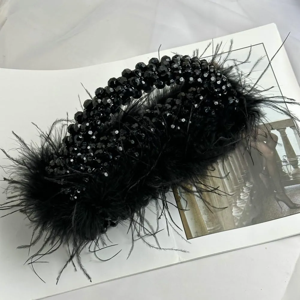 Ostrich Feather Beaded Purse for Women Shiny Evening Clutch Trendy Tote Gorgeous Handbags for Vacation Feast Party Wedding