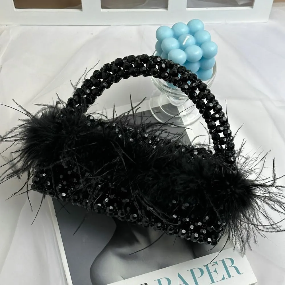 Ostrich Feather Beaded Purse for Women Shiny Evening Clutch Trendy Tote Gorgeous Handbags for Vacation Feast Party Wedding