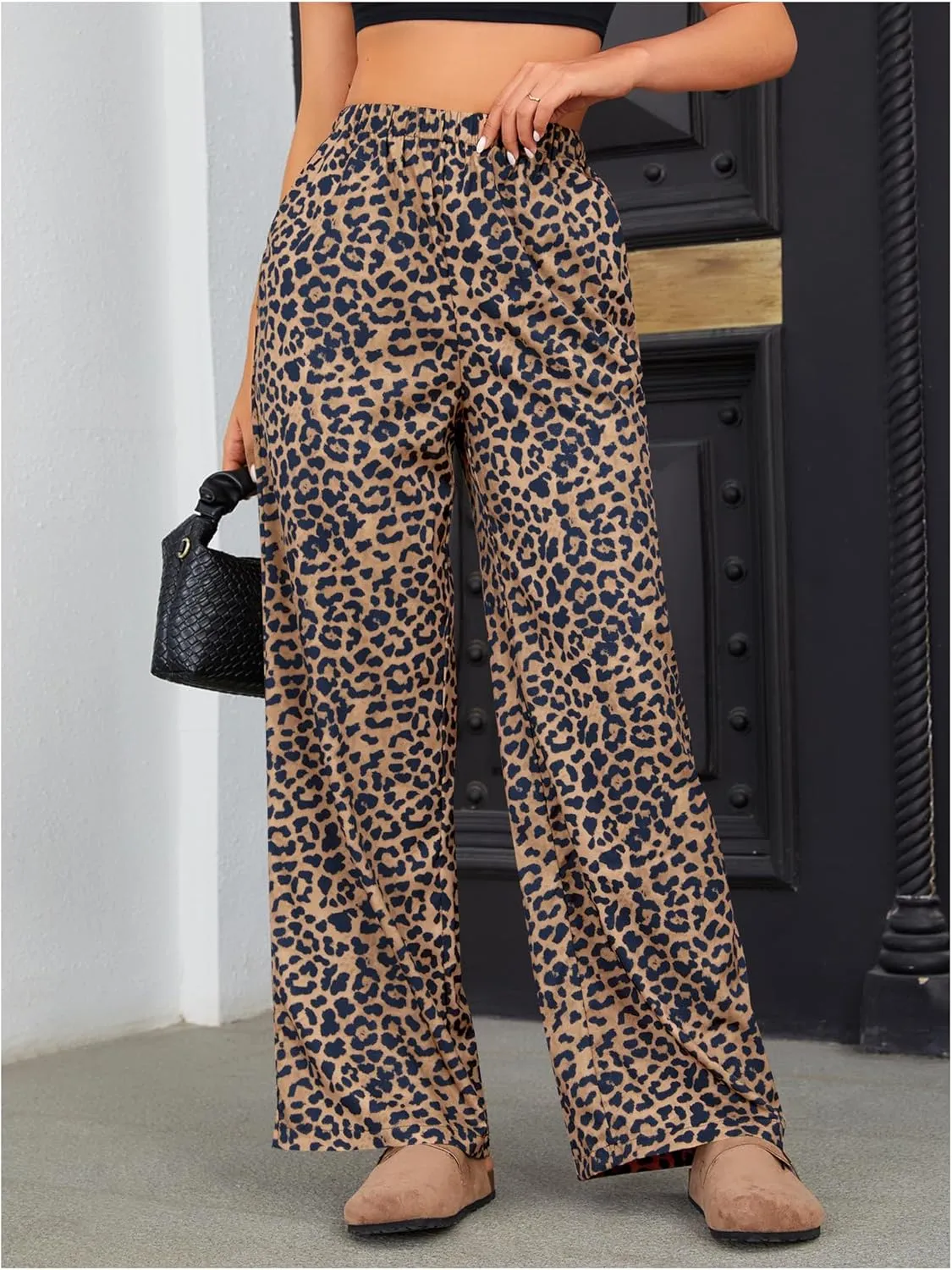 OYOANGLE Women's Leopard Print Elastic High Waist Long Pants Wide Leg Loose Trousers with Pockets