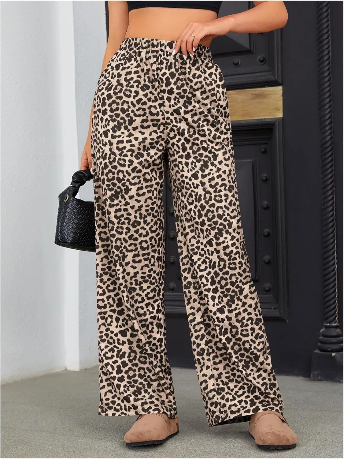 OYOANGLE Women's Leopard Print Elastic High Waist Long Pants Wide Leg Loose Trousers with Pockets