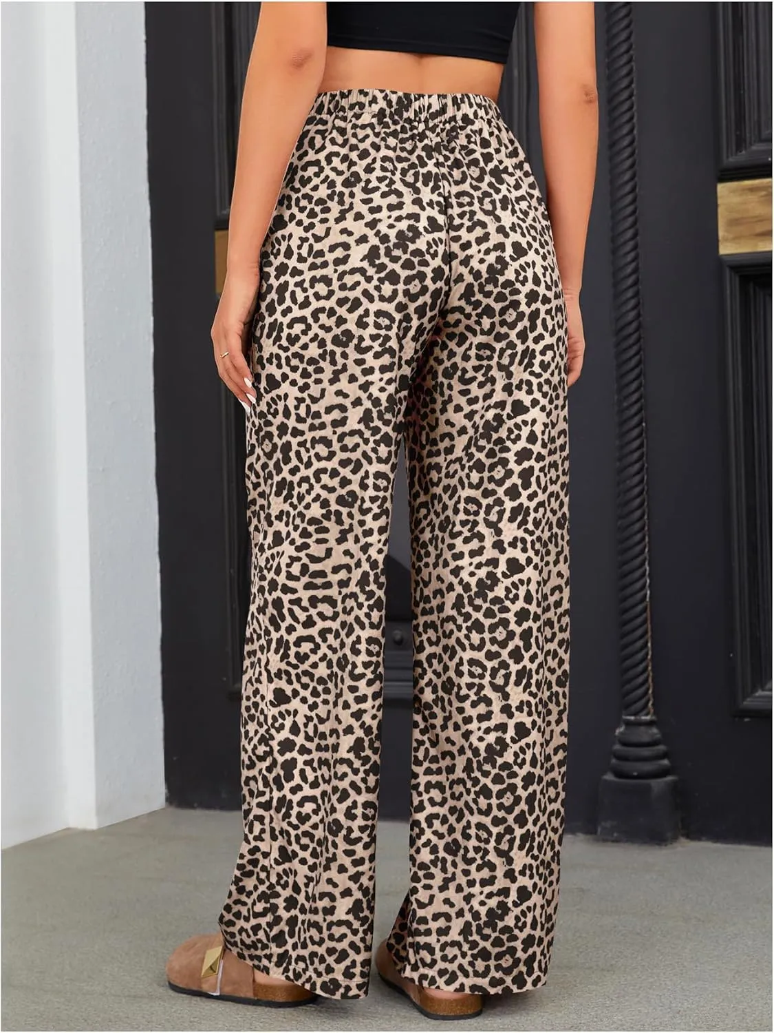OYOANGLE Women's Leopard Print Elastic High Waist Long Pants Wide Leg Loose Trousers with Pockets