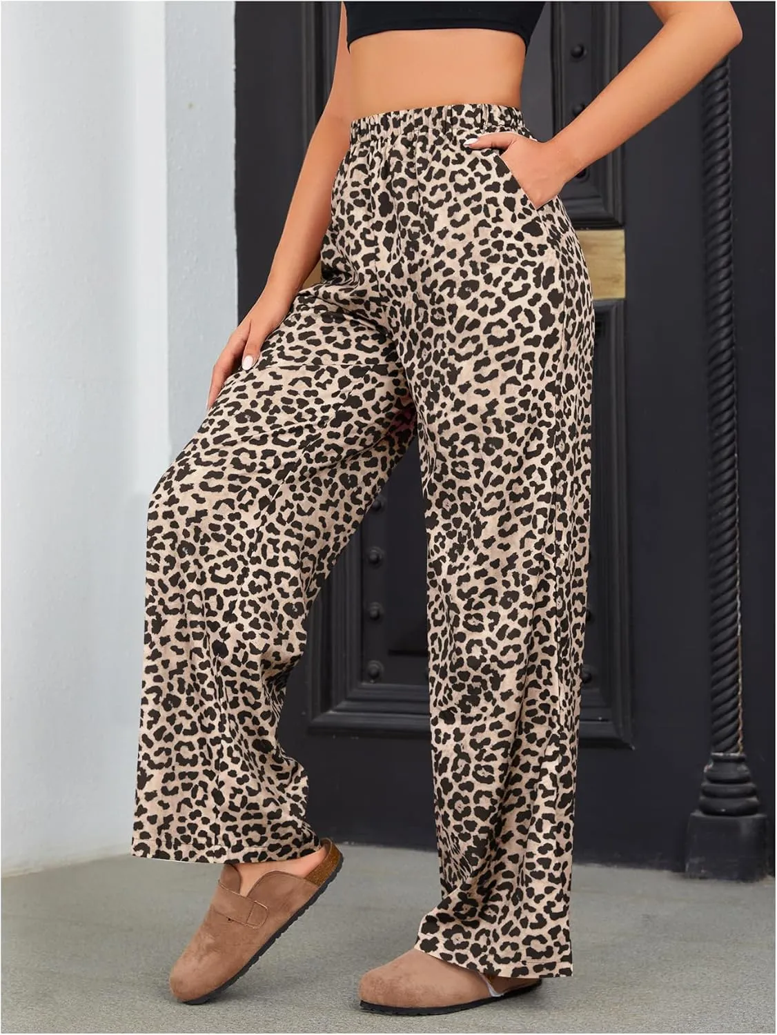 OYOANGLE Women's Leopard Print Elastic High Waist Long Pants Wide Leg Loose Trousers with Pockets