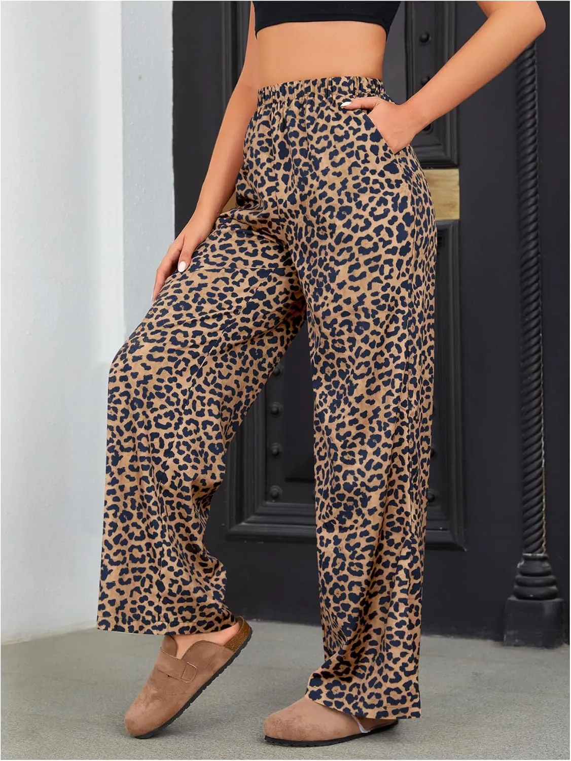 OYOANGLE Women's Leopard Print Elastic High Waist Long Pants Wide Leg Loose Trousers with Pockets
