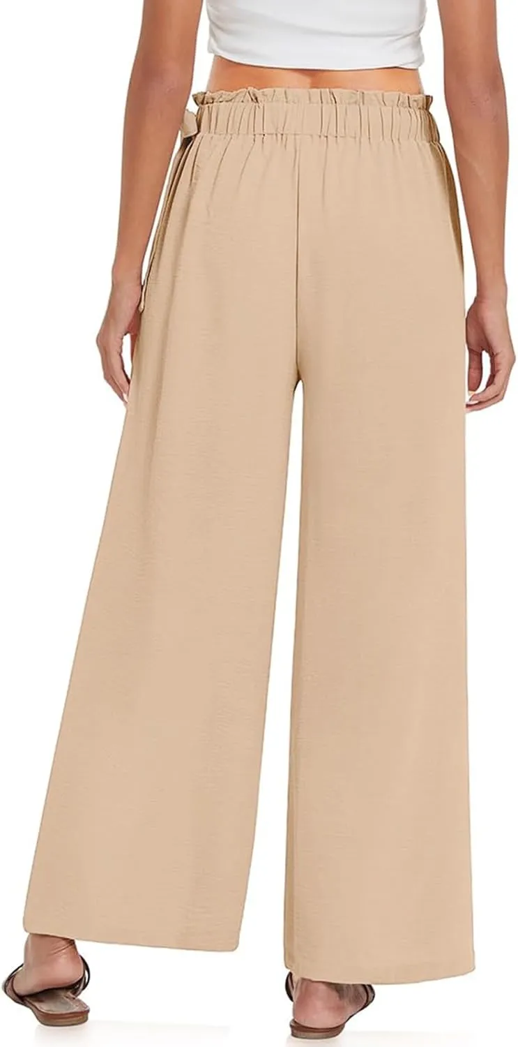 Palazzo Pants for Women Wide Leg Trousers Lightweight Linen Blend Casual Summer Beachwear High Waist Elastic Design