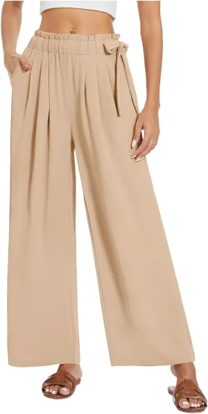 Palazzo Pants for Women Wide Leg Trousers Lightweight Linen Blend Casual Summer Beachwear High Waist Elastic Design
