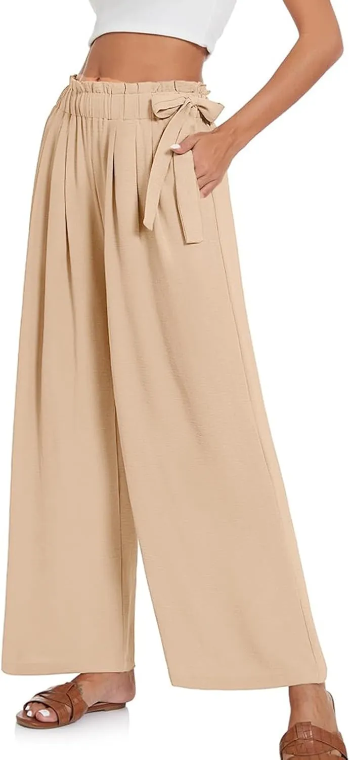 Palazzo Pants for Women Wide Leg Trousers Lightweight Linen Blend Casual Summer Beachwear High Waist Elastic Design