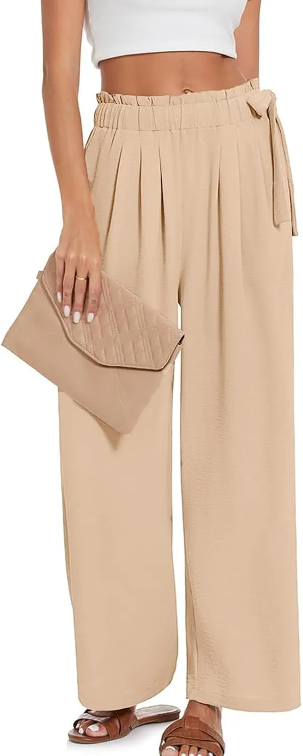 Palazzo Pants for Women Wide Leg Trousers Lightweight Linen Blend Casual Summer Beachwear High Waist Elastic Design