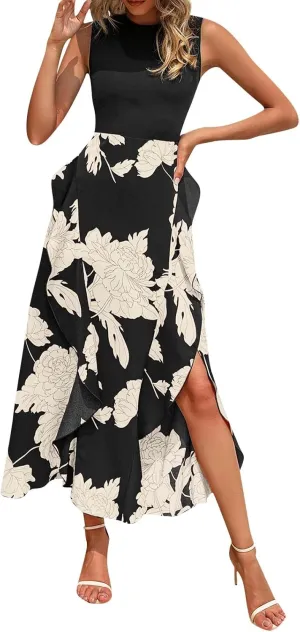 PETYCZEN Summer Dresses for Women 2023 Sexy Short Sleeve Side Slit Midi Dress Boho Floral Patchwork Ruffle Beach Party Dress