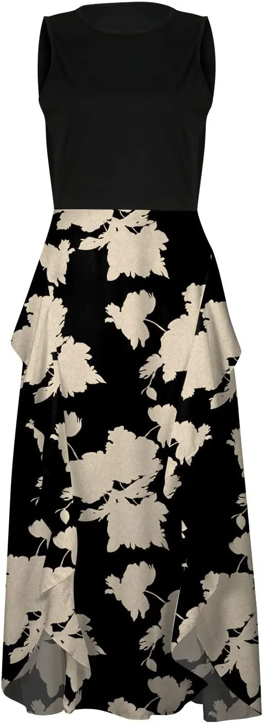 PETYCZEN Summer Dresses for Women 2023 Sexy Short Sleeve Side Slit Midi Dress Boho Floral Patchwork Ruffle Beach Party Dress