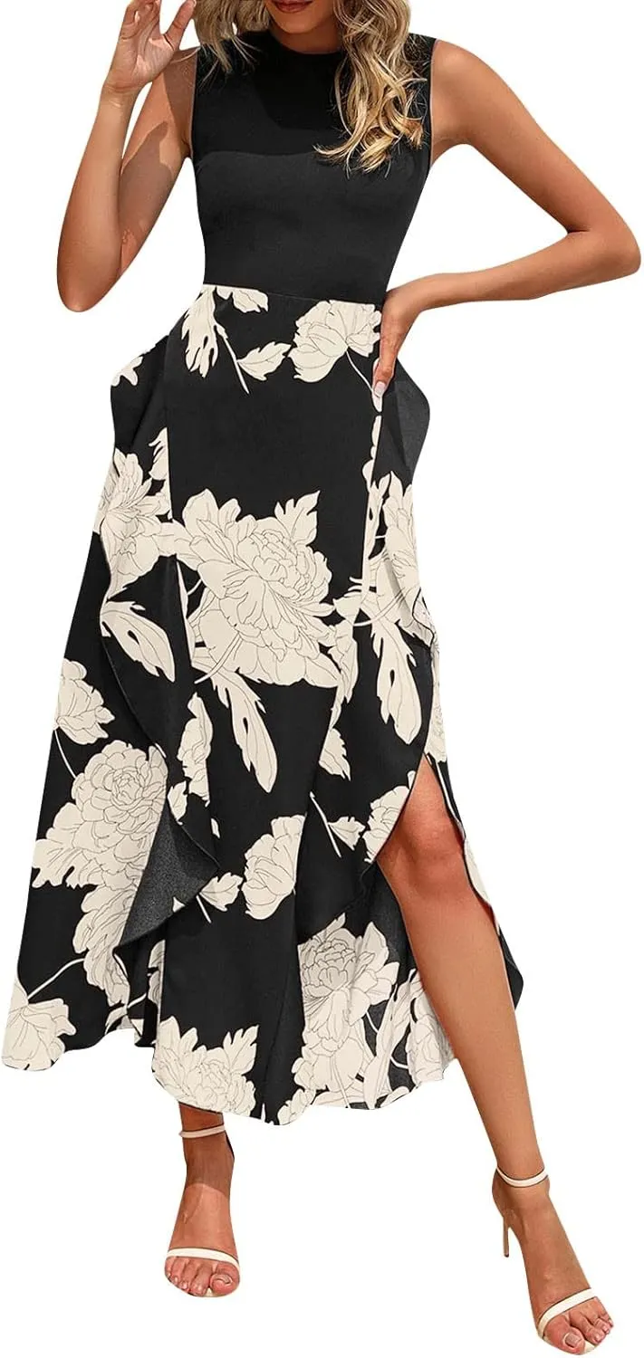 PETYCZEN Summer Dresses for Women 2023 Sexy Short Sleeve Side Slit Midi Dress Boho Floral Patchwork Ruffle Beach Party Dress