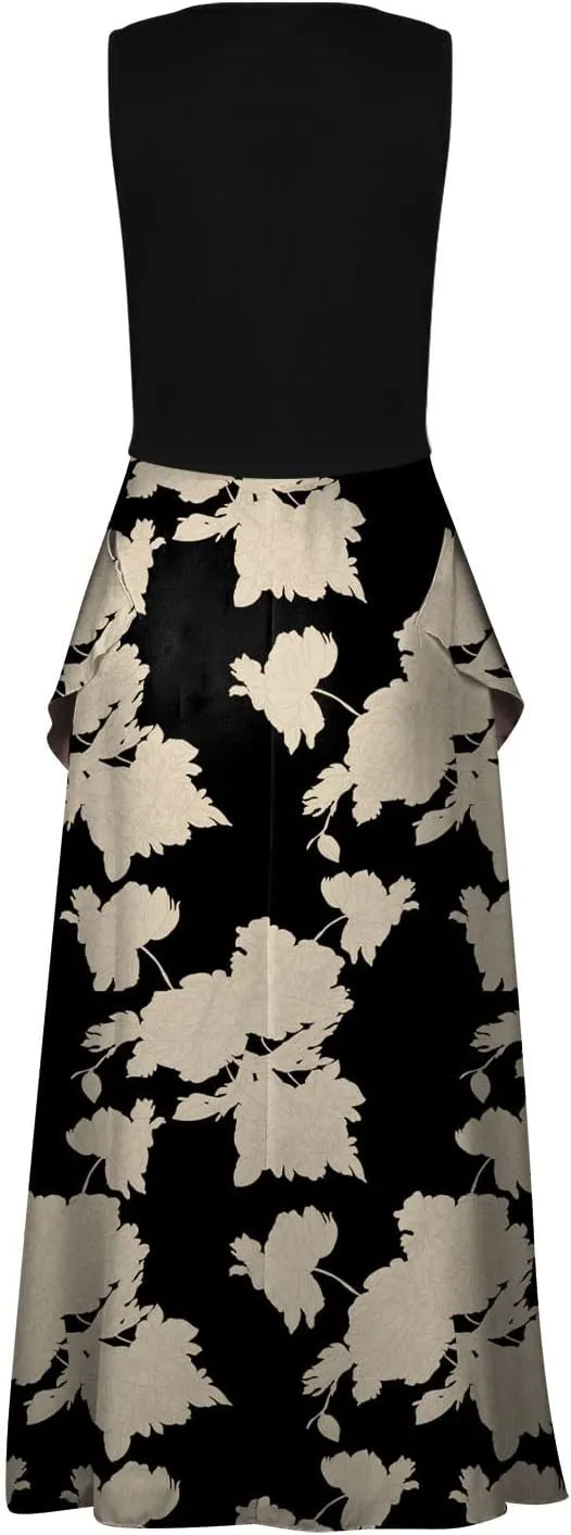 PETYCZEN Summer Dresses for Women 2023 Sexy Short Sleeve Side Slit Midi Dress Boho Floral Patchwork Ruffle Beach Party Dress