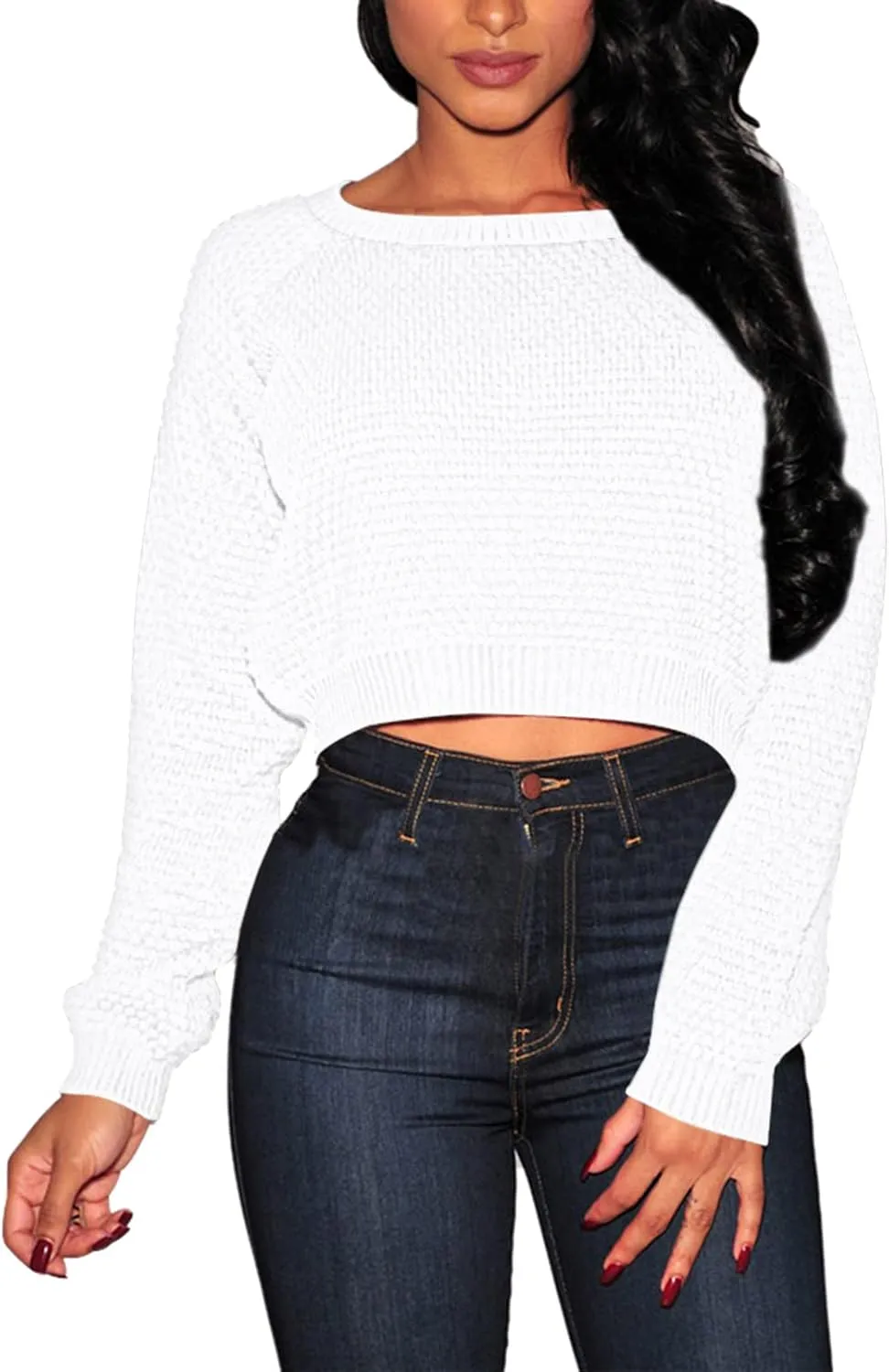 Pink Queen Crop Sweaters for Women Trendy Crew Neck Long Sleeve Fall Ribbed Pullover Cropped Knit Tops