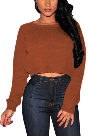 Pink Queen Crop Sweaters for Women Trendy Crew Neck Long Sleeve Fall Ribbed Pullover Cropped Knit Tops