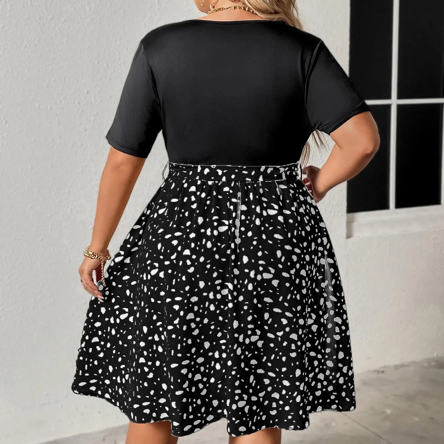 Plus Size Dresses for Curvy Women Short Sleeve Wrap V Neck Tie Waist Short Dress Swing A Line Mini Dress