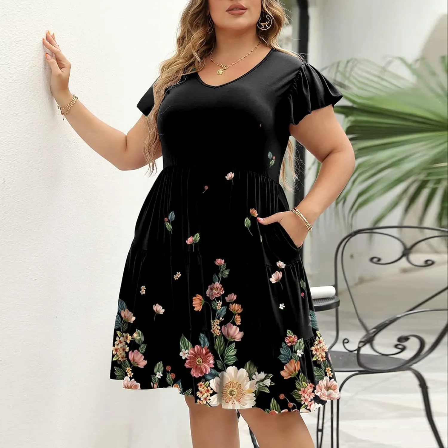 Plus Size Dresses for Curvy Women,Womens Ruffle Sleeve Tiered V Neck Midi Dress Casual Summer Dress with Pockets