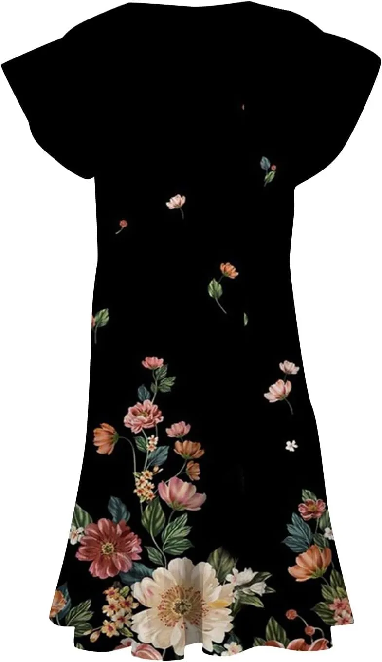 Plus Size Dresses for Curvy Women,Womens Ruffle Sleeve Tiered V Neck Midi Dress Casual Summer Dress with Pockets