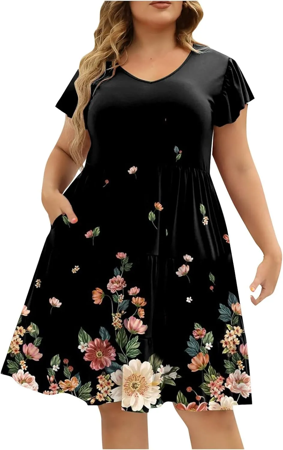 Plus Size Dresses for Curvy Women,Womens Ruffle Sleeve Tiered V Neck Midi Dress Casual Summer Dress with Pockets