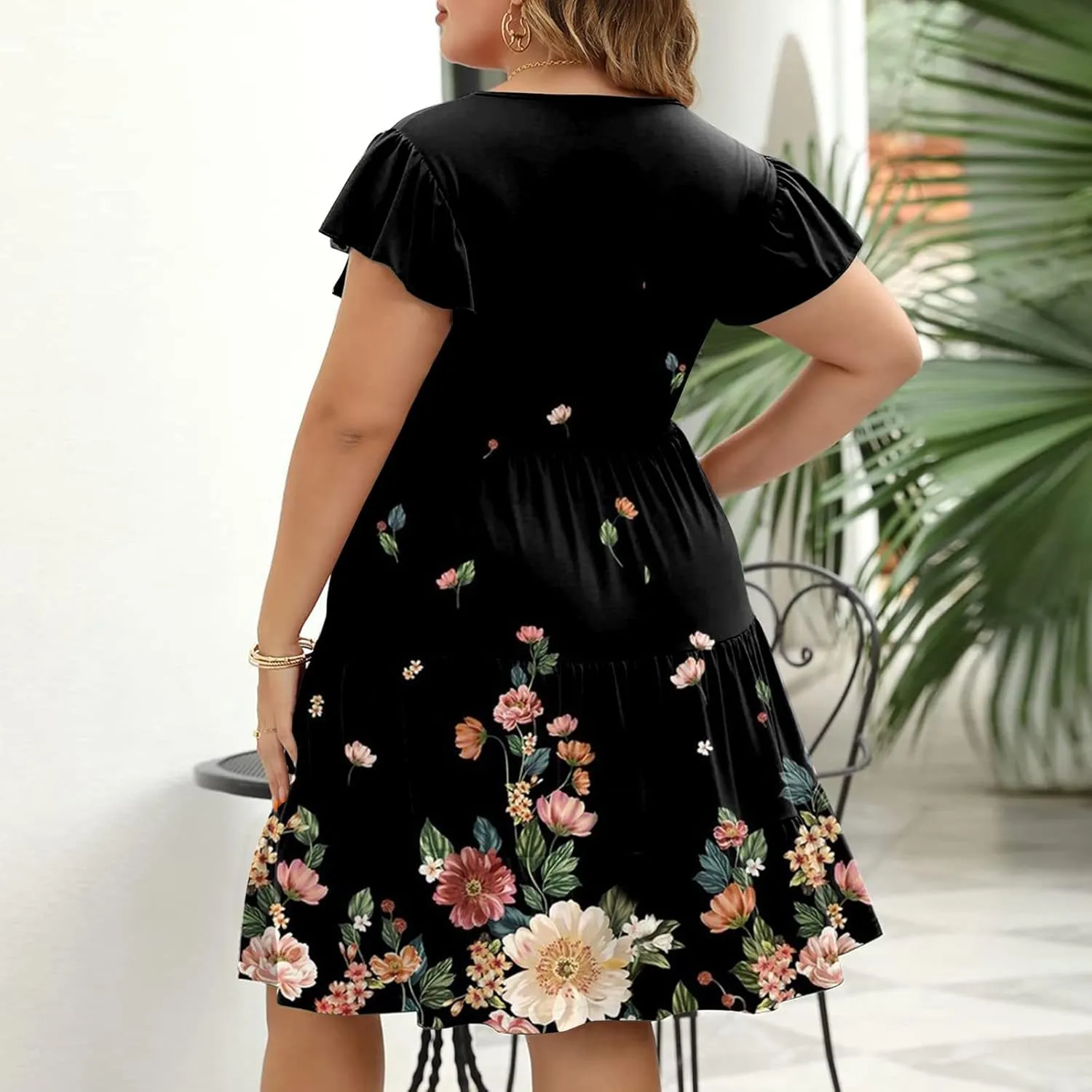 Plus Size Dresses for Curvy Women,Womens Ruffle Sleeve Tiered V Neck Midi Dress Casual Summer Dress with Pockets