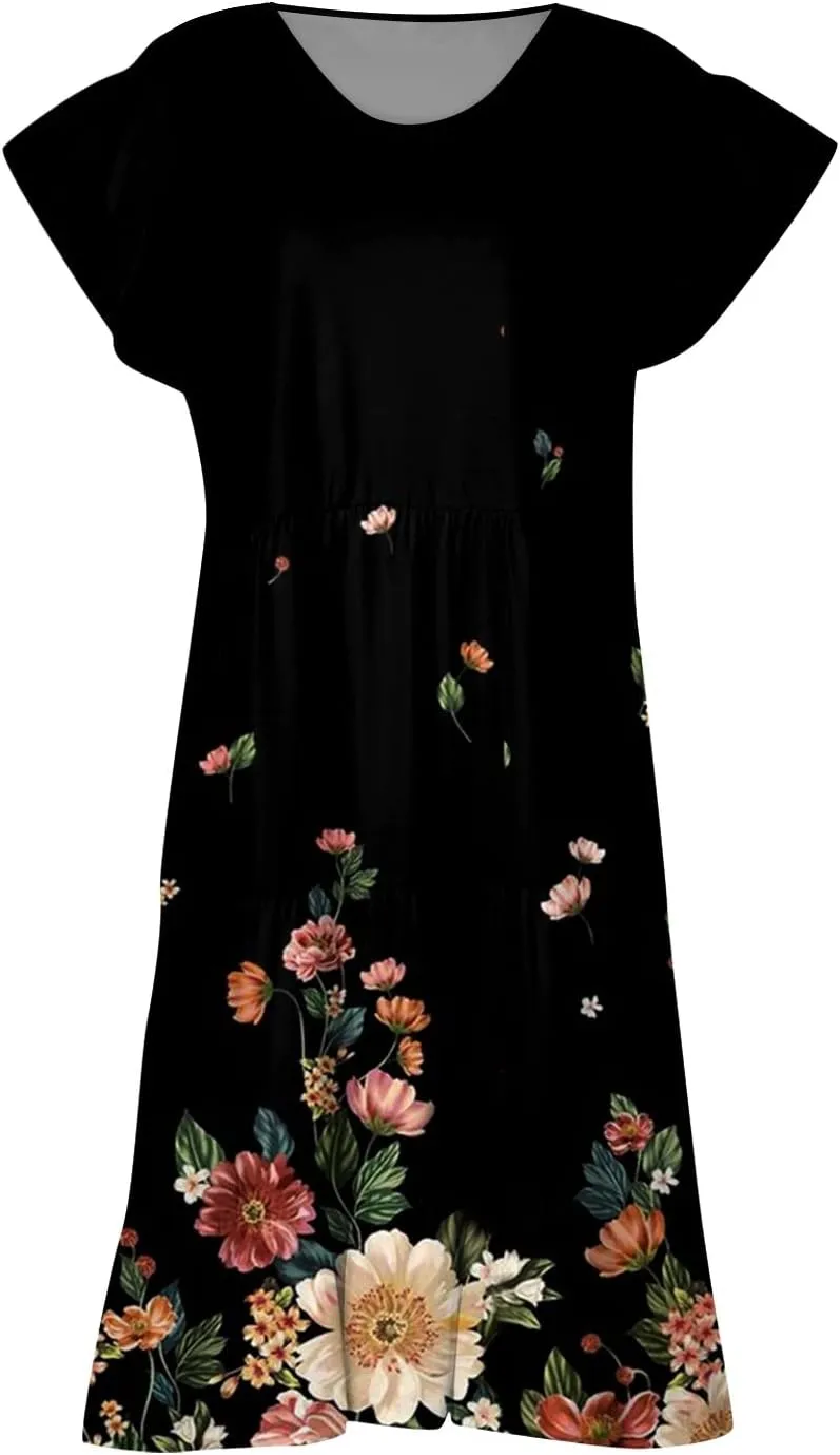 Plus Size Dresses for Curvy Women,Womens Ruffle Sleeve Tiered V Neck Midi Dress Casual Summer Dress with Pockets
