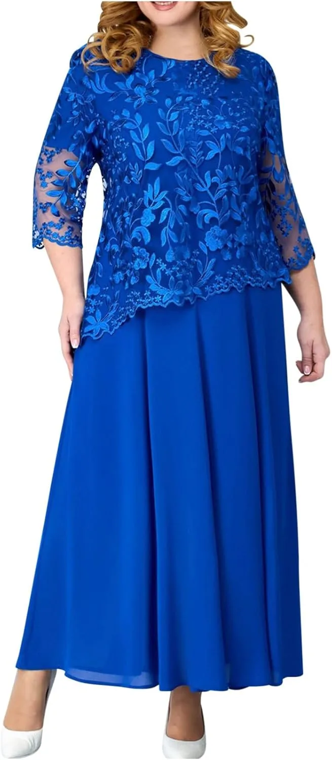 Plus Size Floral Lace Patchwork Dress for Women 2024 Mother of The Bride Dress Wedding Guest Formal Chiffon Evening Gown