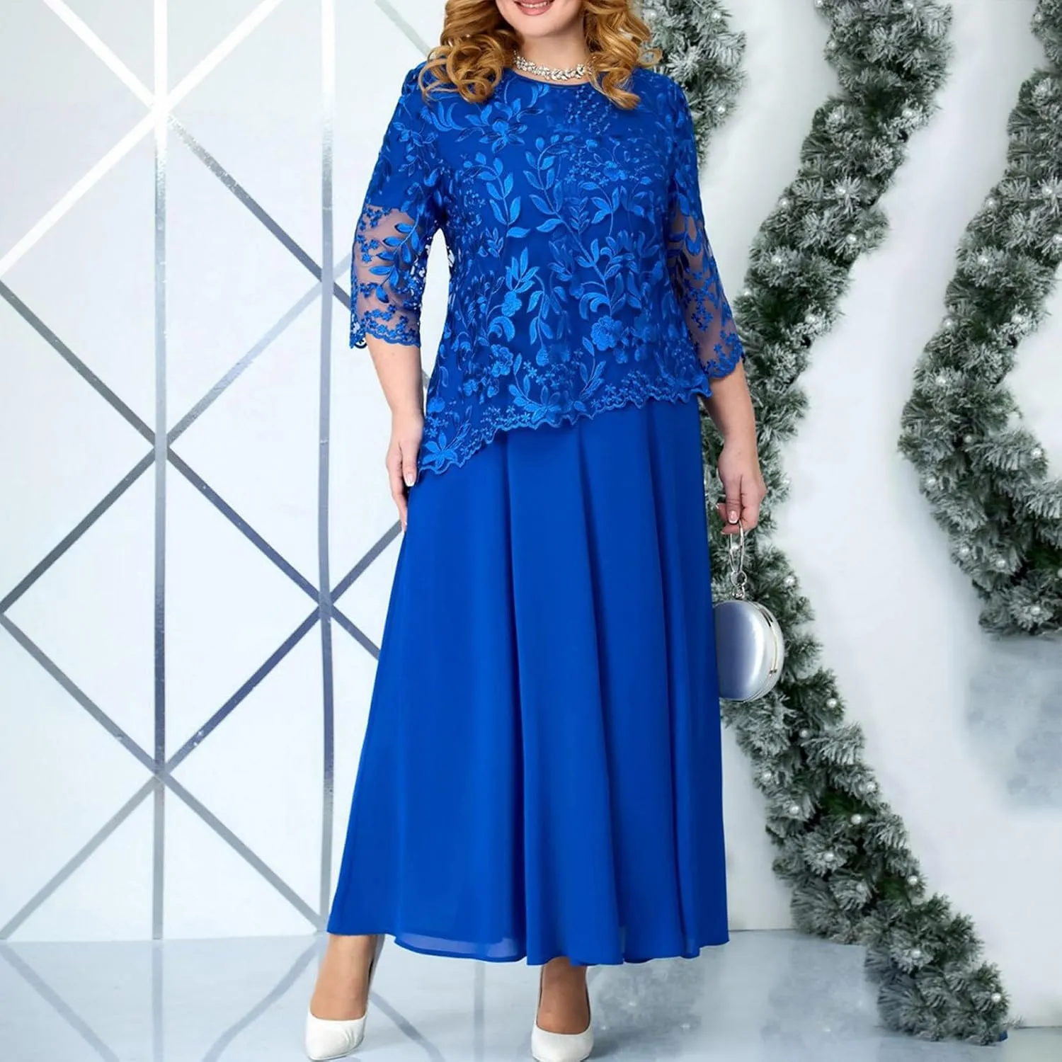 Plus Size Floral Lace Patchwork Dress for Women 2024 Mother of The Bride Dress Wedding Guest Formal Chiffon Evening Gown