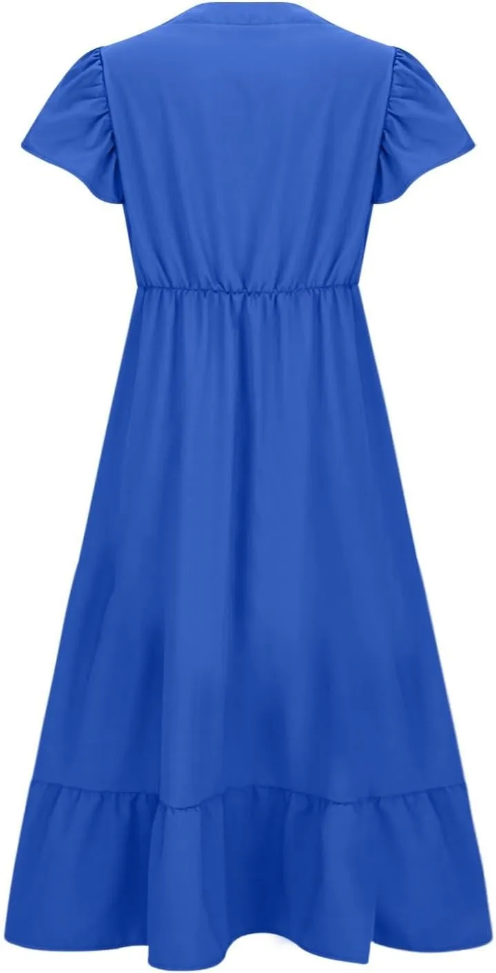 Plus Size Ruffle Dresses for Curvy Women Summer Beach Vacation Casual Short Sleeve V Neck Flowy Midi Dress with Pockets