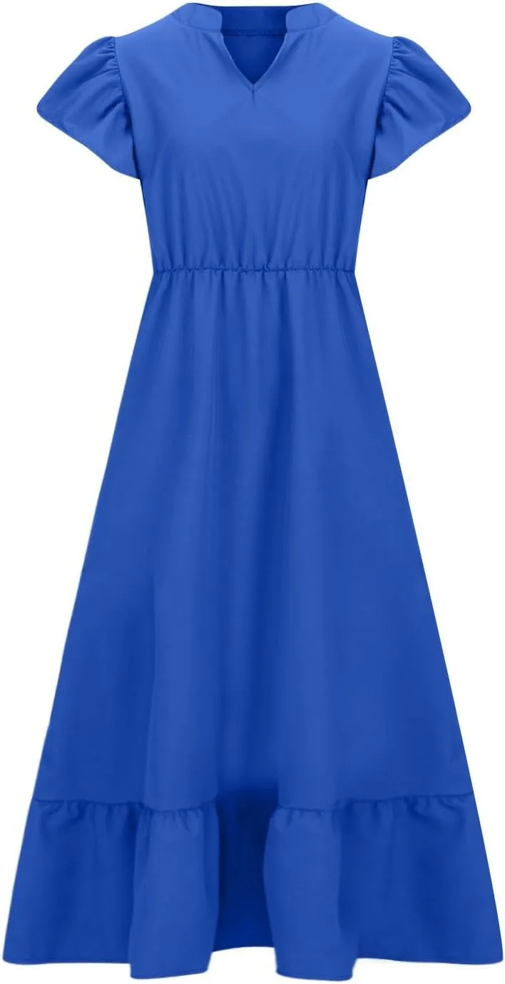 Plus Size Ruffle Dresses for Curvy Women Summer Beach Vacation Casual Short Sleeve V Neck Flowy Midi Dress with Pockets
