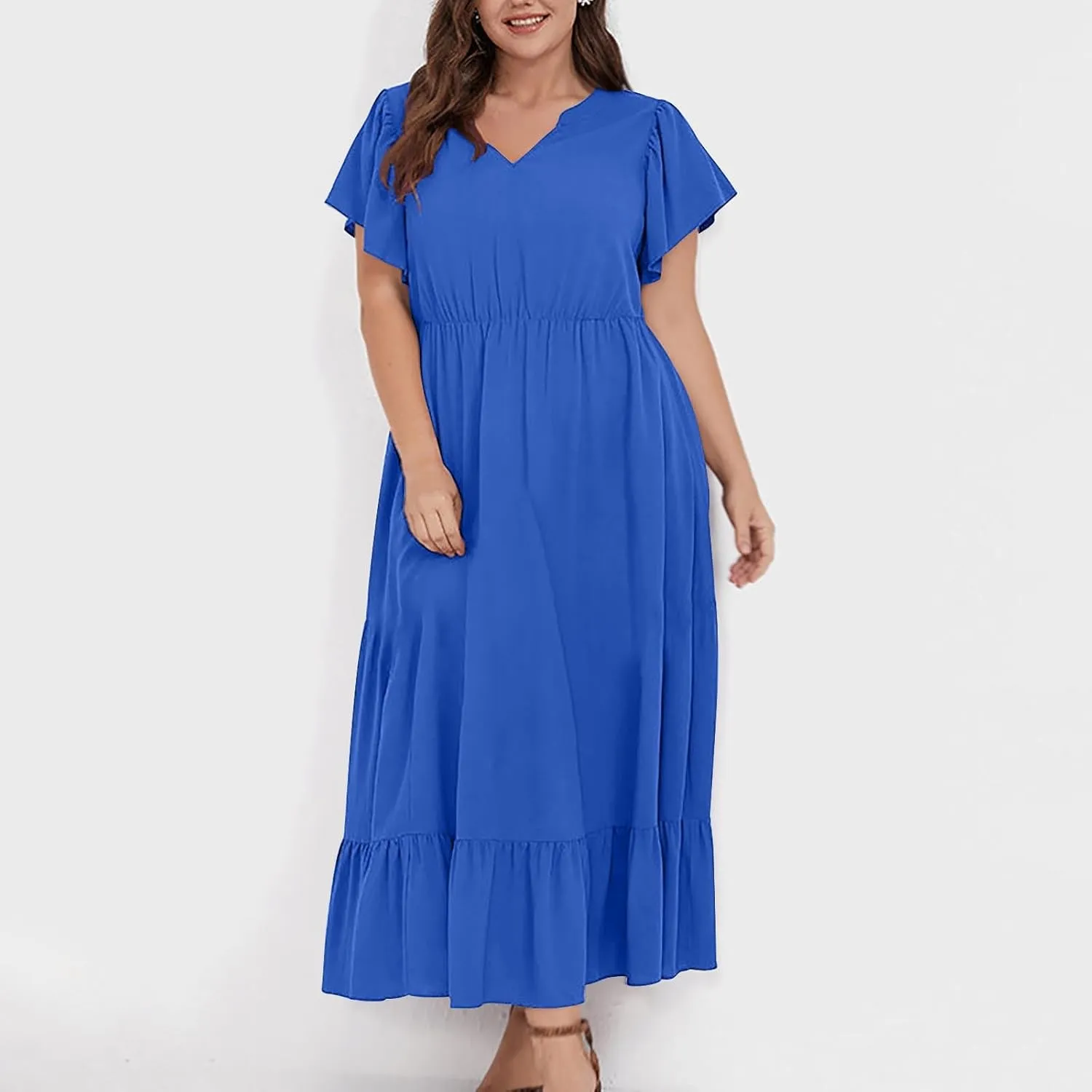 Plus Size Ruffle Dresses for Curvy Women Summer Beach Vacation Casual Short Sleeve V Neck Flowy Midi Dress with Pockets
