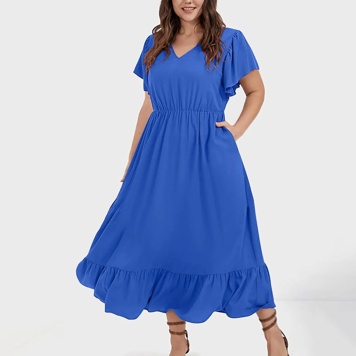 Plus Size Ruffle Dresses for Curvy Women Summer Beach Vacation Casual Short Sleeve V Neck Flowy Midi Dress with Pockets