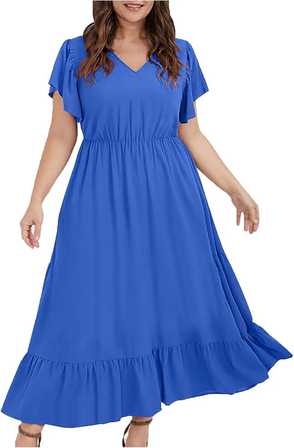 Plus Size Ruffle Dresses for Curvy Women Summer Beach Vacation Casual Short Sleeve V Neck Flowy Midi Dress with Pockets
