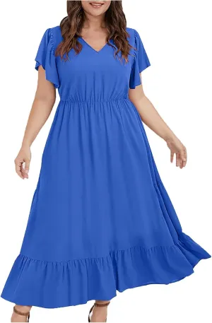 Plus Size Ruffle Dresses for Curvy Women Summer Beach Vacation Casual Short Sleeve V Neck Flowy Midi Dress with Pockets