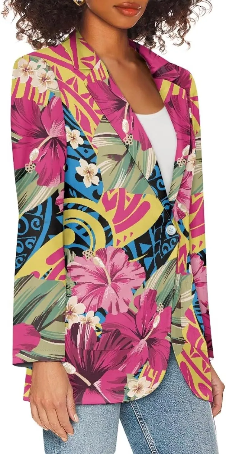 Polynesian Style Prints Blazers for Women Polynesian Tropical Leaf Summer Dresses 2024 Long Sleeve Womens Blazer