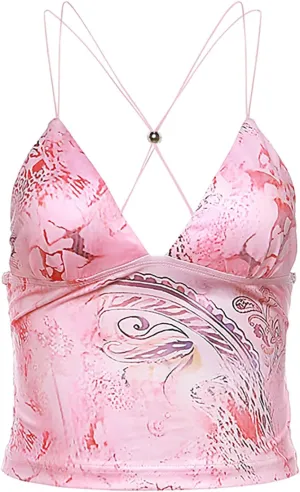 Printed Camisole Tank Tops for Women V Neck Spaghetti Strap Blouses Cross Back Sleeveless Cami Shirt Y2k Clothing