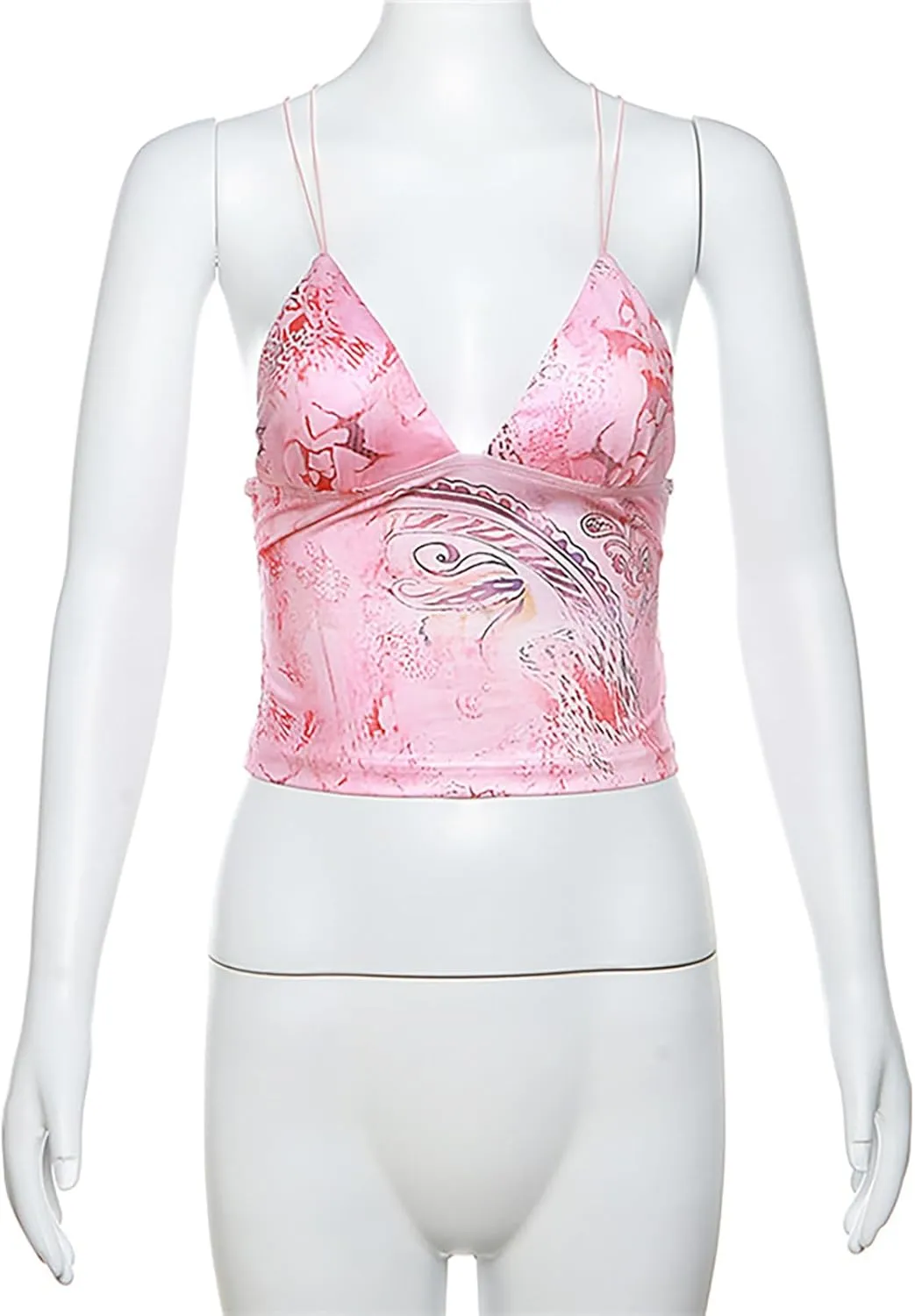Printed Camisole Tank Tops for Women V Neck Spaghetti Strap Blouses Cross Back Sleeveless Cami Shirt Y2k Clothing