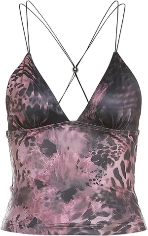 Printed Camisole Tank Tops for Women V Neck Spaghetti Strap Blouses Cross Back Sleeveless Cami Shirt Y2k Clothing