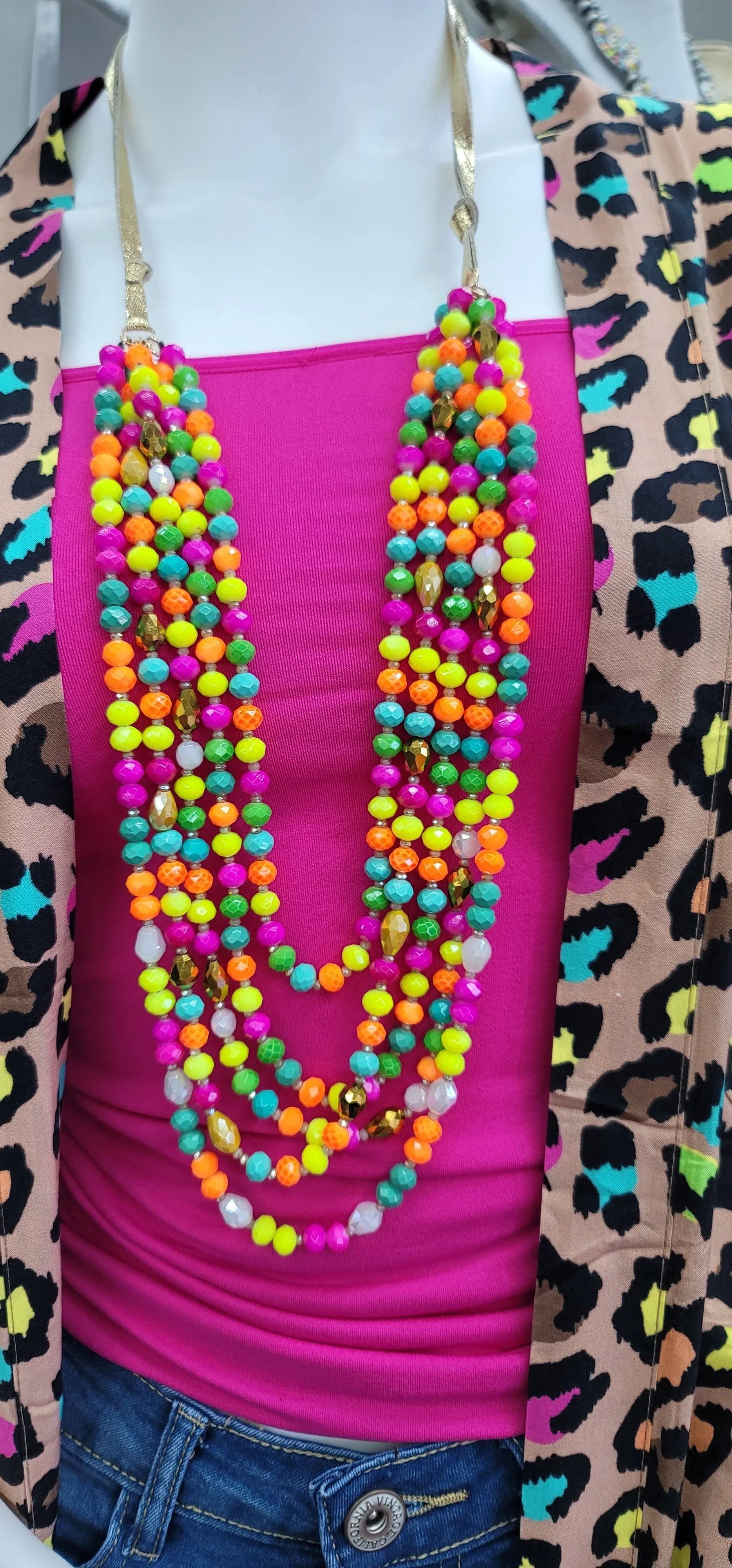 Purple, Neon Multi color crystal beaded 5 strand necklace