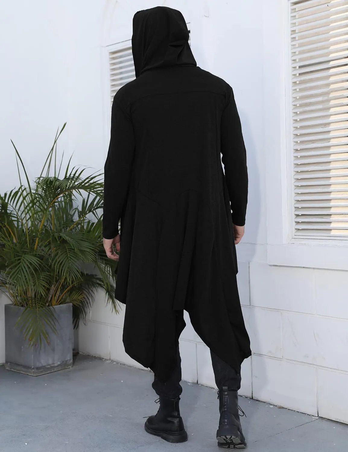 RAGEMALL Mens Ruffle Shawl Collar Cardigans Long Hooded Cardigan Open Front Lightweight Drape Cape Sweater with Pockets