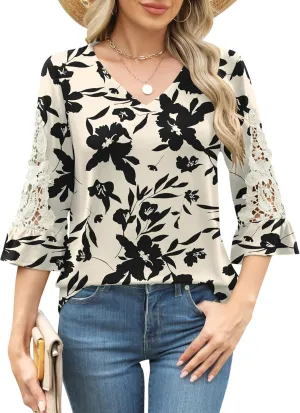 Rapbin 3/4 Length Sleeve Womens Tops Summer Lace Ruffles Sleeve T Shirts V-Neck Dressy Casual Trendy Tunic Blouses