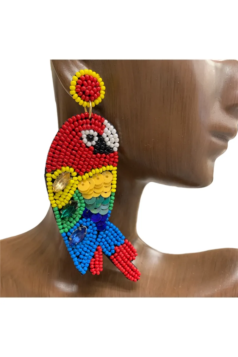 Red Multi Parrot Dangle Seed Bead Earrings With Rhinestones