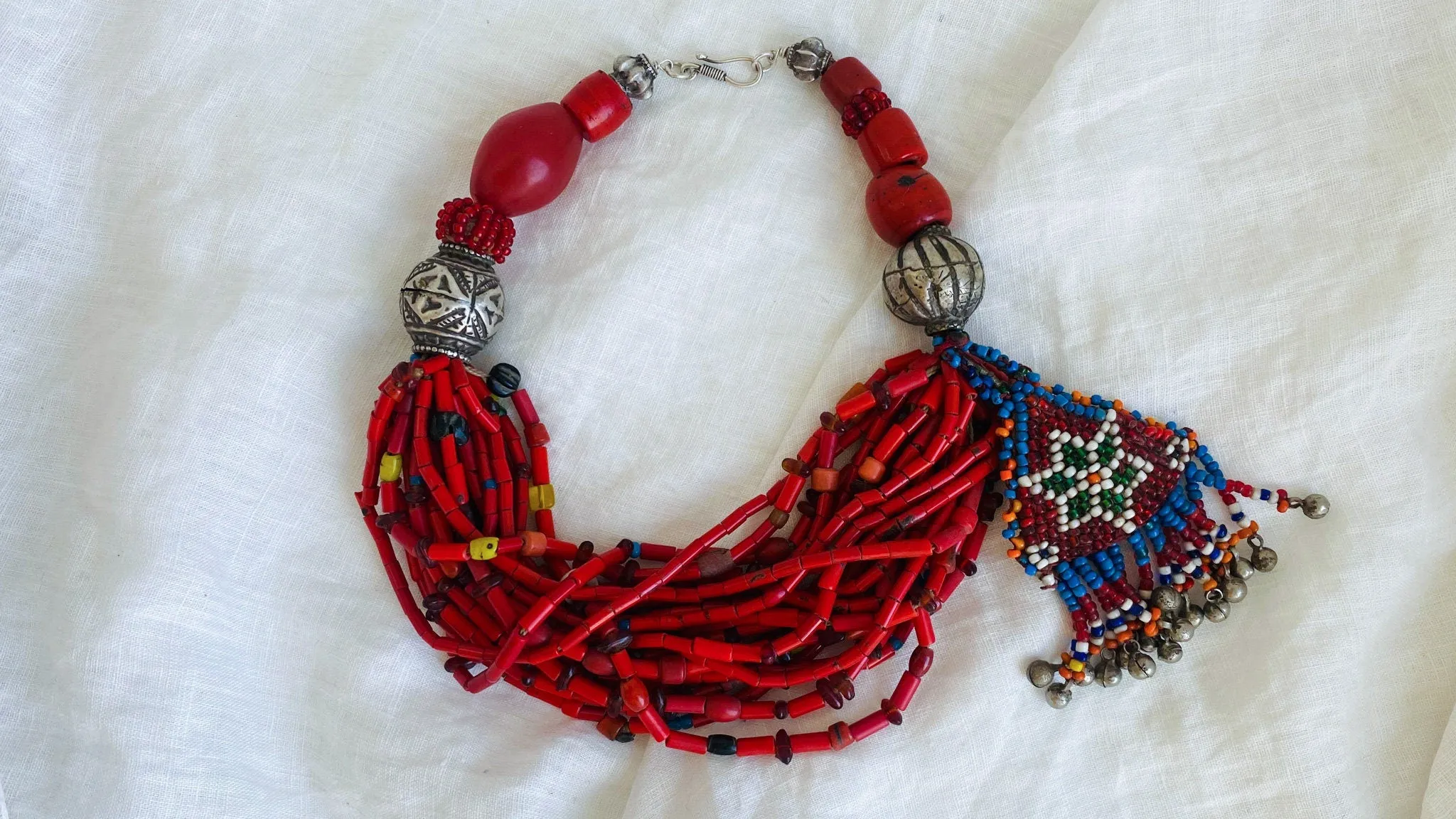 Reds Beaded Necklace. Antique Silver & Balochi Beads.