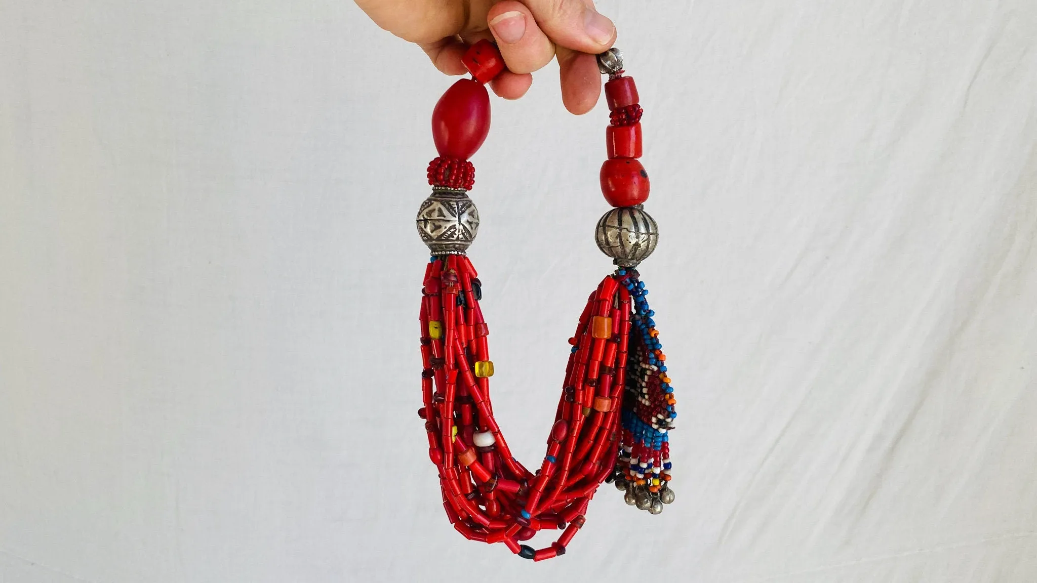 Reds Beaded Necklace. Antique Silver & Balochi Beads.