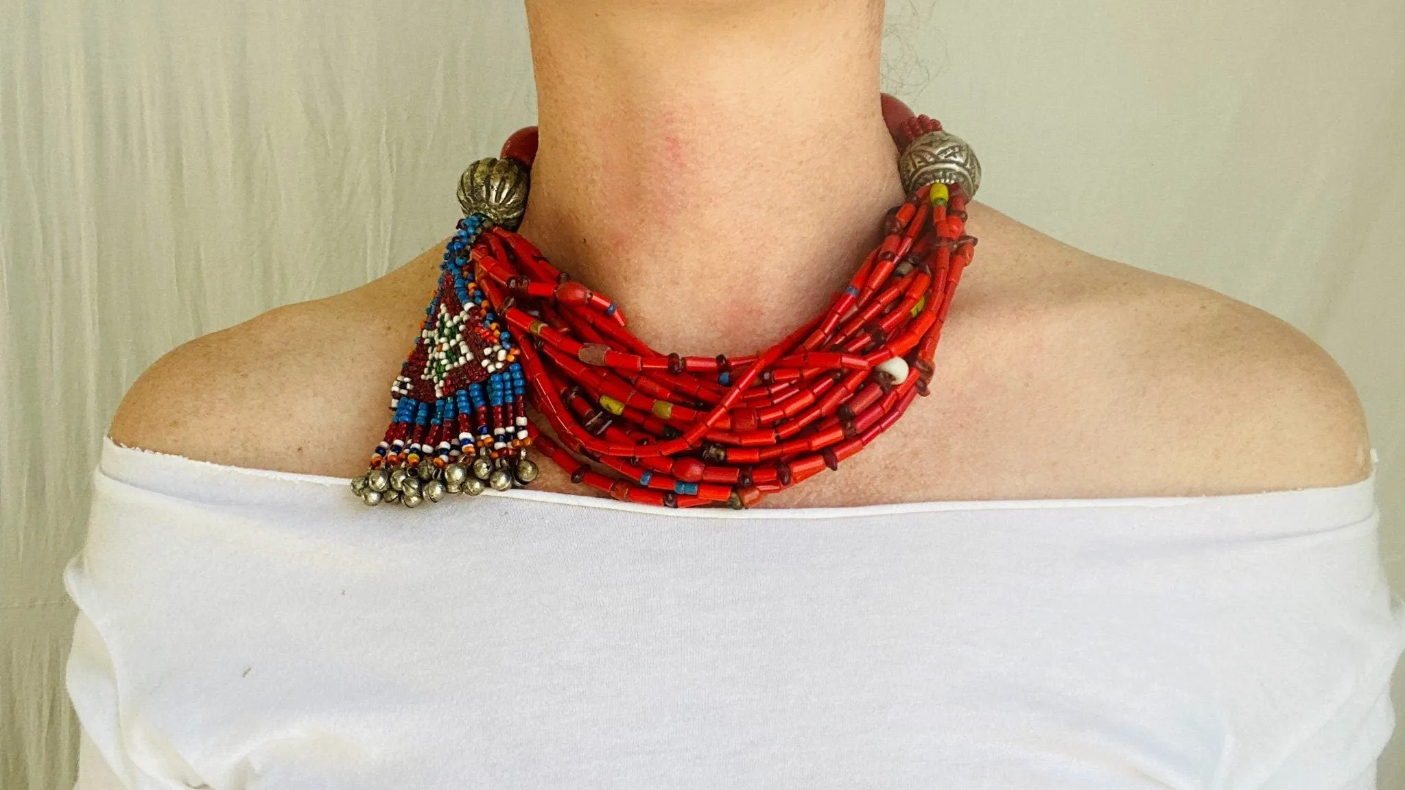 Reds Beaded Necklace. Antique Silver & Balochi Beads.
