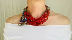 Reds Beaded Necklace. Antique Silver & Balochi Beads.