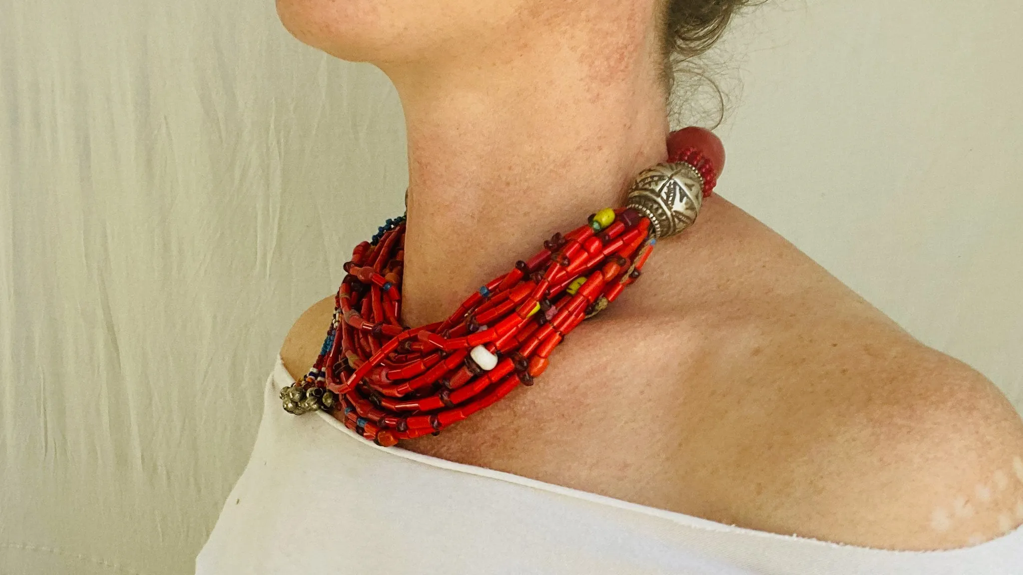 Reds Beaded Necklace. Antique Silver & Balochi Beads.