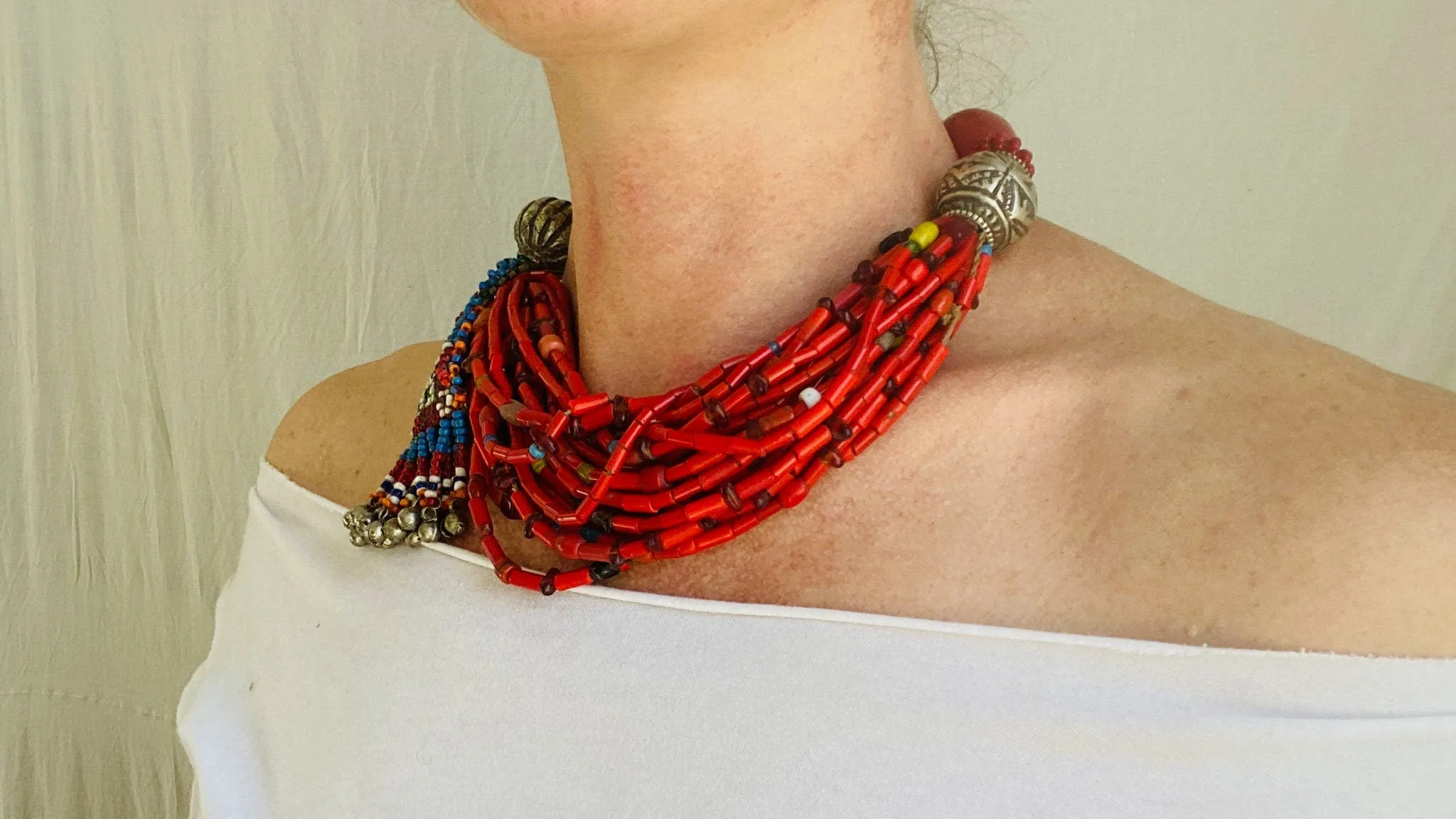 Reds Beaded Necklace. Antique Silver & Balochi Beads.
