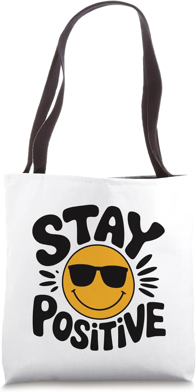Retro Happy Face With Sunglasses Stay Positive Quote Retro Tote Bag